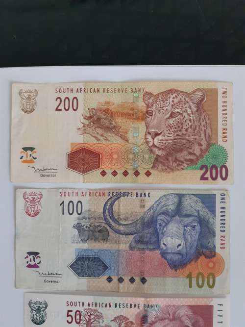 Set of R10, R20, R50 (UNC) and R100, R200 (used) 2nd issue Tito Mboweni South African Banknotes
